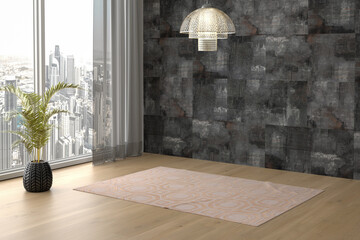 3D rendering of modern empty room interior .Plant pot. Parquet floor