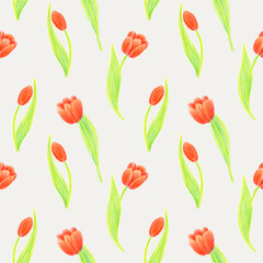 Seamless pattern of tulip flowers drawn with wax crayons on a cloud dancer background. For fabric, sketchbook, wallpaper, wrapping paper.