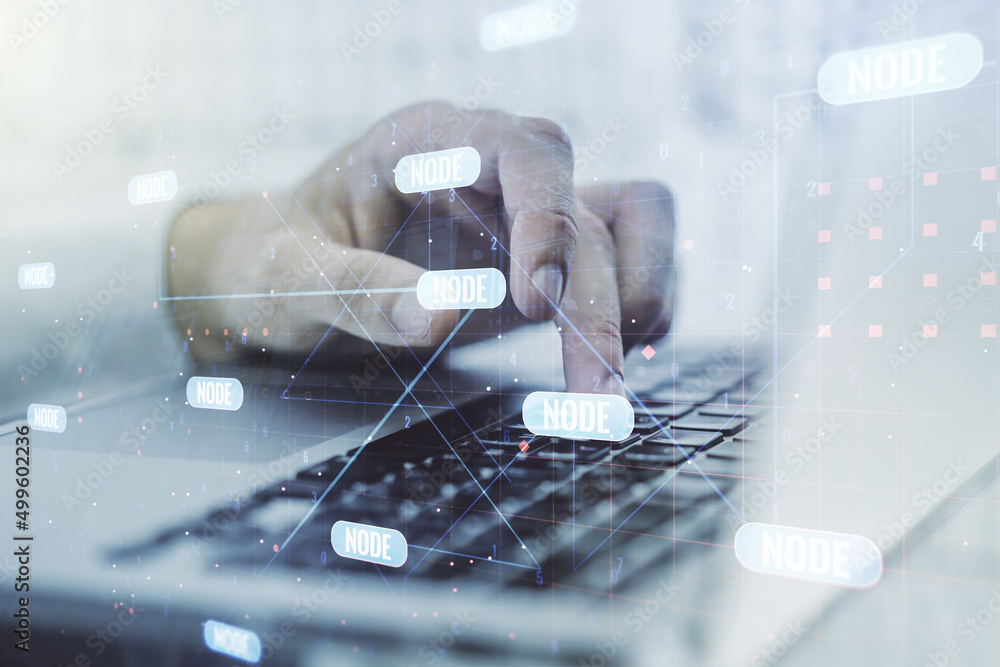Poster double exposure of abstract programming language hologram with hands typing on laptop on background,