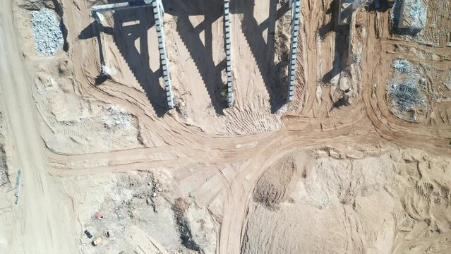 AERIAL: Heavy Machinery Tracks Visible From Top View in National Stadium in Vilnius Demolishion Site