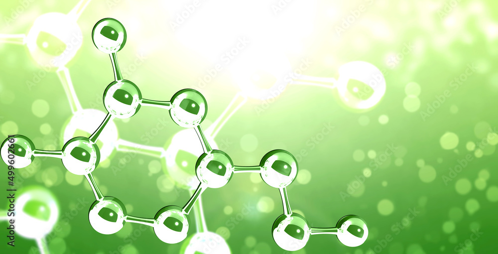 Wall mural horizontal banner with models of abstract molecular structure. science or education background with 