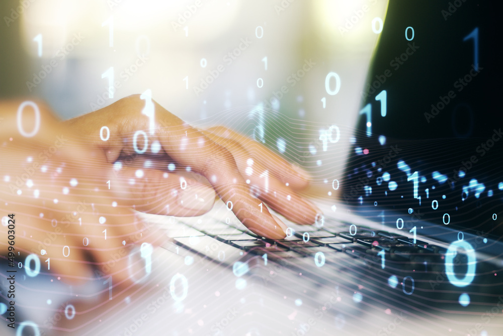 Aufkleber creative abstract binary code hologram and hands typing on computer keyboard on background, ai and m