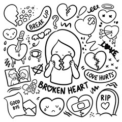 kawaii hand drawn heart broken doodle vector illustration
