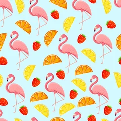 Papier Peint photo Flamingo Seamless pattern with tropical bird flamingos, leaves and fruits. Texture with a bird for textiles, wallpaper, print design, clothes postcards. Vector illustration.