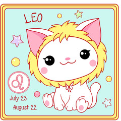 Zodiac Leo sign character in kawaii style. Square card with cute little white kitty and Zodiac symbol, date of birth. Cartoon baby cat and Zodiacal card. Vector illustration EPS8