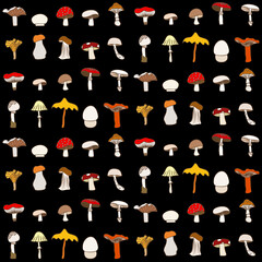 Vector seamless half-drop pattern, with mushrooms