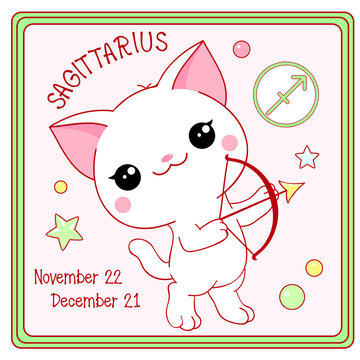 Zodiac Sagittarius sign character in kawaii style. Square card with cute little white kitty and Zodiac symbol, date of birth. Cartoon baby cat and Zodiacal card. Vector illustration EPS8