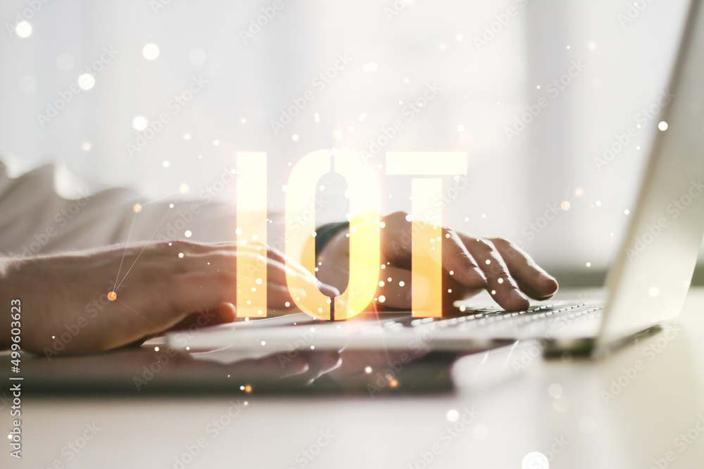 Poster creative iot hologram with hands typing on computer keyboard on background, internet of things conce