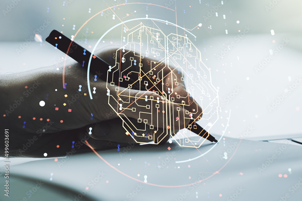 Poster double exposure of creative human brain microcircuit with man hand writing in notepad on background.