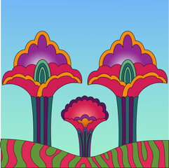 Colorful vector poster with a frame of abstract flowers in the style of 1960s, 1970s. Bright psychedelic background, cover, poster, poster for hippie style trance festival