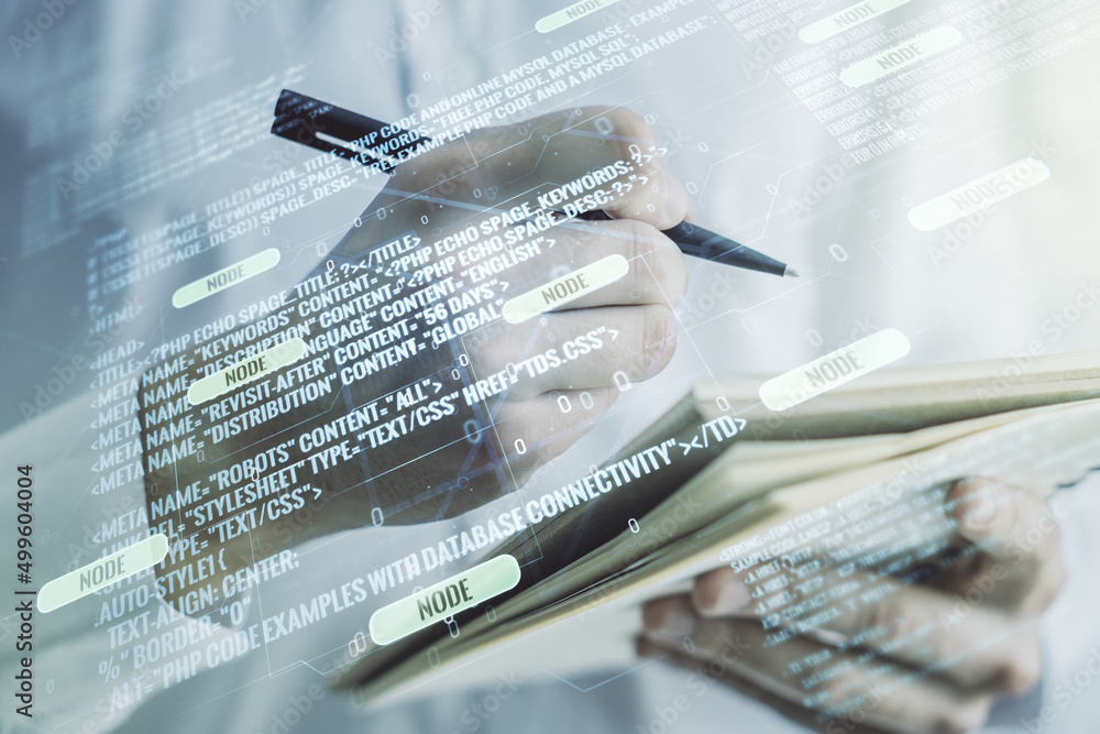 Poster double exposure of abstract creative programming illustration and man hand writing in notepad on bac