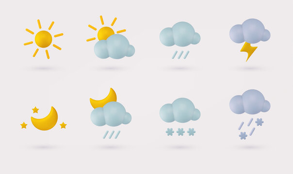 Set of 3d render meteorology icons. Weather cute realistic icon set. 