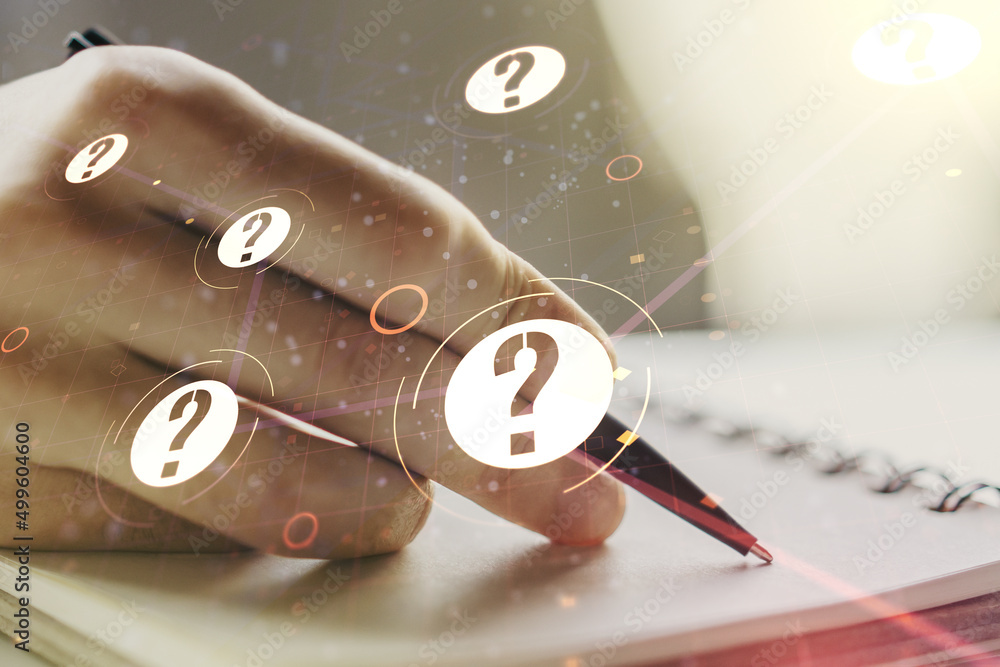 Poster creative abstract question mark sketch and man hand writing in notepad on background, faq and resear