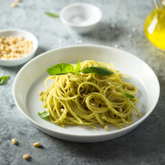 Traditional spaghetti with pesto sauce