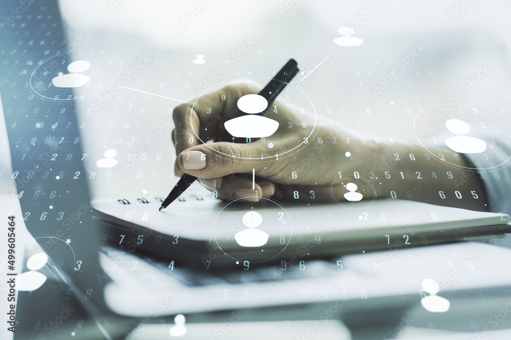 Poster double exposure of social network icons concept with hand writing in notepad on background with lapt