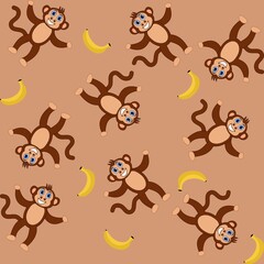 Decorative pattern with smiling monkeys holding bananas on a brown background