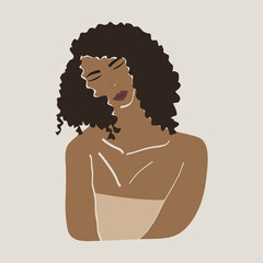 Abstract portrait of a young African woman with dark skin. Minimal fashion style of drawing people's faces. Hand drawn vector illustration.