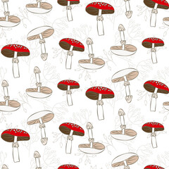 Vector seamless half-drop pattern, with mushrooms