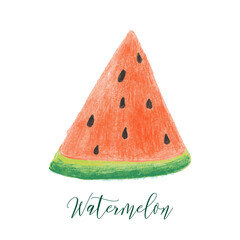 Watermelon slice, calligraphy, lettering. Hand drawn vector illustration watercolor splashes, isolated background. Vegetarian eco food product, organic, vegan nutrition. For menu cover design, print.