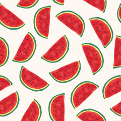 Watermelon slice seamless pattern. Hand drawn vector illustration watercolor splashes, isolated background. Vegetarian eco food product, organic, vegan nutrition. For menu cover design, print, poster.