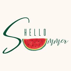 Watermelon slice, hello summer lettering. Hand drawn vector illustration watercolor splashes, isolated background. Vegetarian eco food product, organic, vegan nutrition. For menu cover design, print.