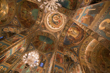 Interior frescoes of richly ornate Church of the Savior on Spilled Blood. Saint Petersburg, Russia