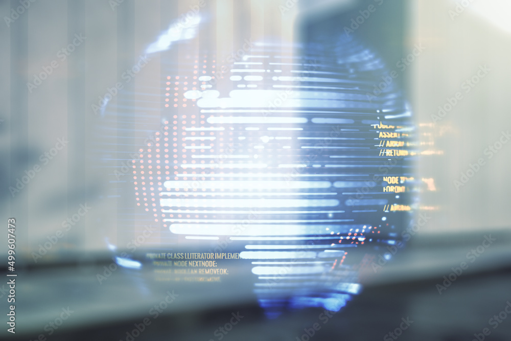 Poster multi exposure of abstract programming language hologram and world map on contemporary business cent