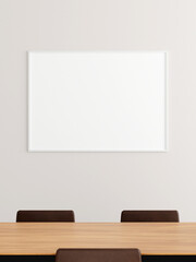 Minimalist horizontal white poster or photo frame mockup on the wall in the office meeting room.