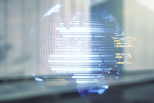 Multi exposure of abstract programming language hologram and world map on contemporary business center exterior background, artificial intelligence and neural networks concept