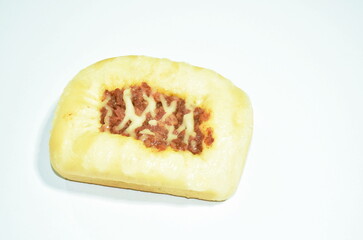 bread stuffed chop pork with red sweet sauce arranging on white background