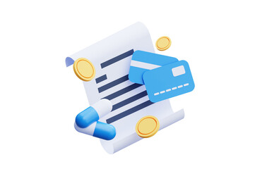 Receipt for the purchase of medicines with coins and pills. Online transaction is the concept of ordering medicines at a pharmacy through an online store. Isolated 3d rendering.