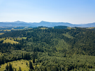 Green mountains of Ukrainian Carpathians in summer. Sunny clear day. Aerial drone view.