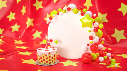 Postkartenmotiv mit Textfeld verziert mit gelb-rot-weißen Perlen und Geburtstagskuchen mit Kerze auf gelb-roten Sternhintergrund