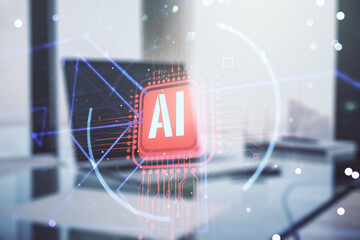 Double exposure of creative artificial Intelligence abbreviation with computer on background....