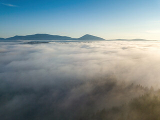 Flight over fog in Ukrainian Carpathians in summer. A thick layer of fog covers the mountains with a solid carpet. Mountains on the horizon. Aerial drone view.