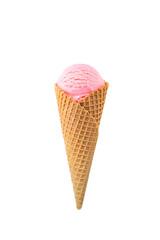 Pink ice cream in a waffle cone isolated on white.