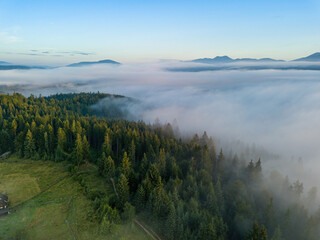 Foggy summer morning in the Ukrainian Carpathians. Aerial drone view.