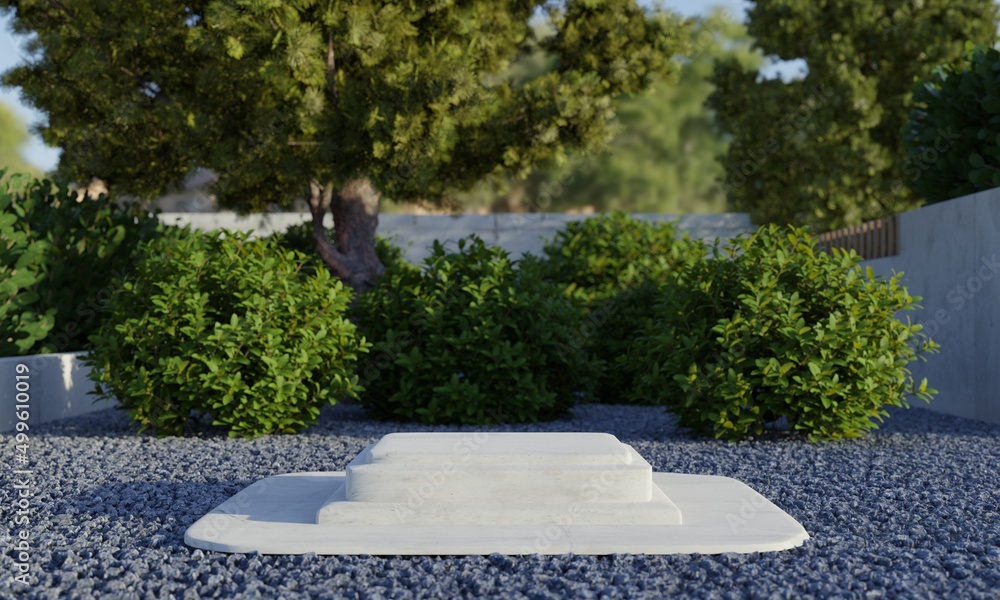 Aufkleber rectangle stone podium platform with natural green trees in backyard garden with shadow background. 