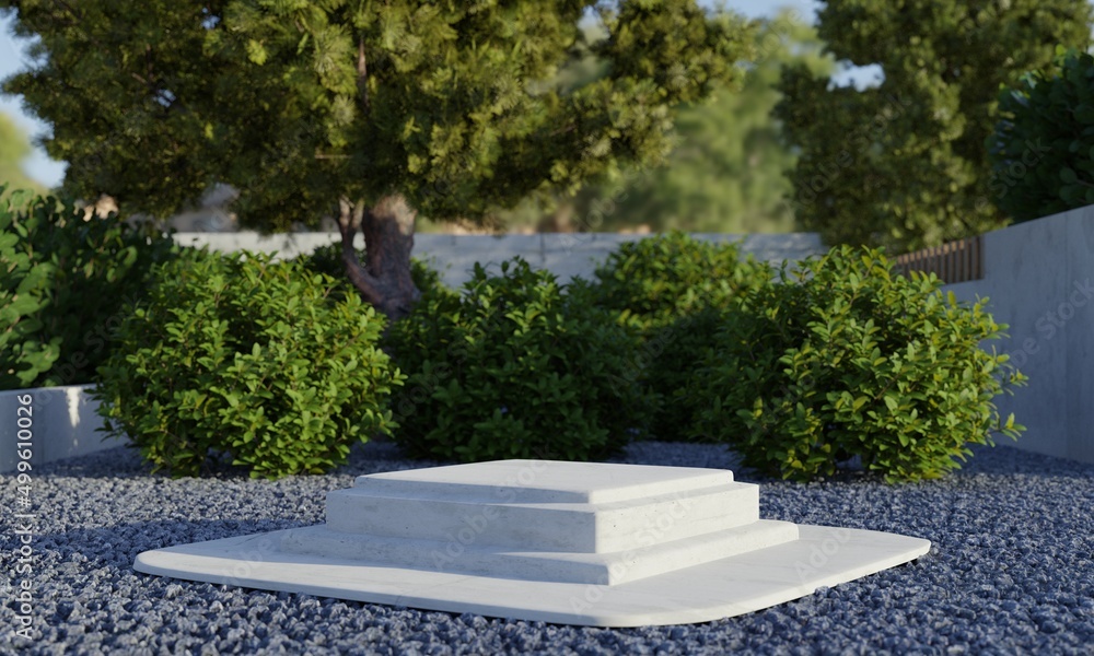 Aufkleber rectangle stone podium platform with natural green trees in backyard garden with shadow background. 