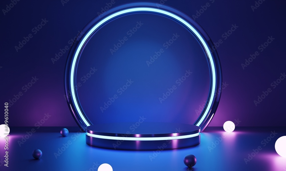 Poster cyberpunk two tone color pink glowing lamp and blue empty podium for product presentation. technolog
