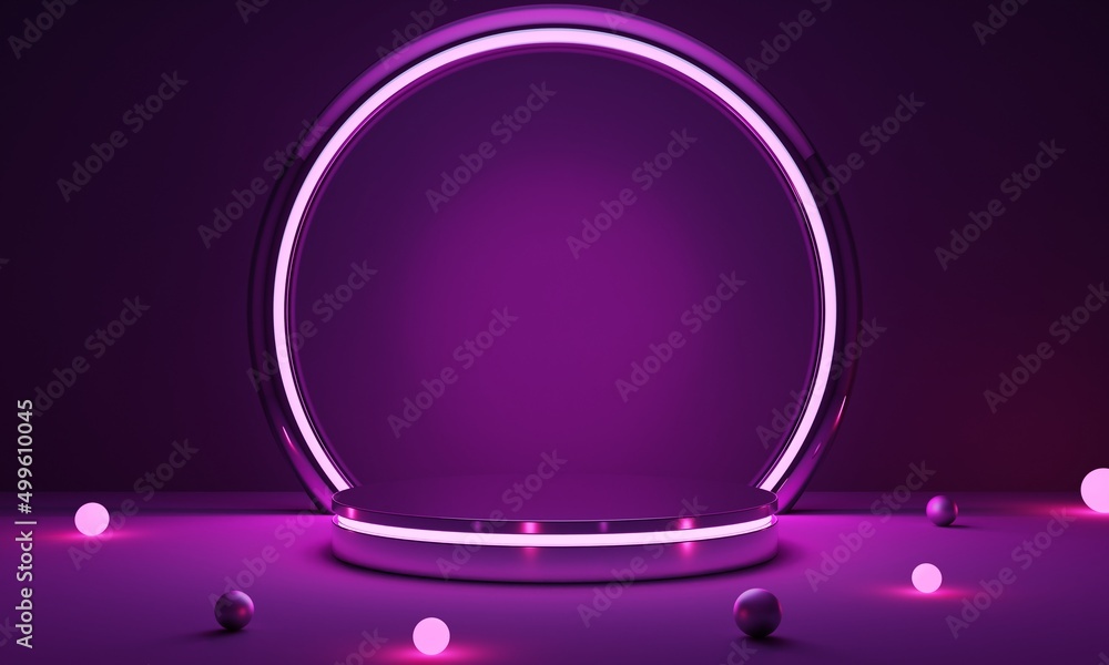 Poster cyberpunk pink empty podium with glowing lamp in the dark for product presentation. technology and s