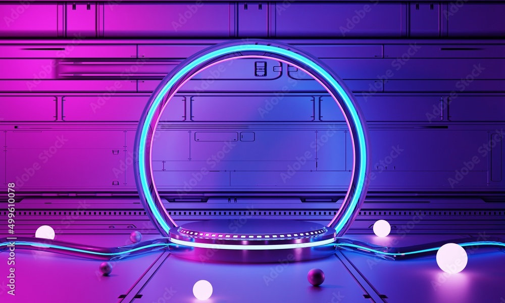 Aufkleber inside spaceship laboratory interior architecture and empty podium for cyberpunk product presentatio