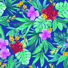 vector seamless graphical tropical pattern with leaves (monstera foliage, areca palm leaves), flowers (hibiscus, ginger, frangipani) on blue background. Multidirectional allover hawaiian design.