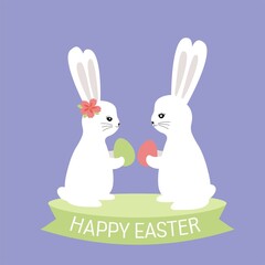 Happy easter postcard. Vector illustration with cute rabbits and eggs. purple background