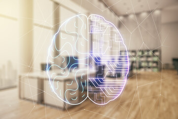 Virtual creative artificial Intelligence hologram with human brain sketch on a modern furnished classroom background. Double exposure