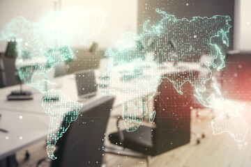 Multi exposure of abstract creative digital world map hologram on modern corporate office background, research and analytics concept