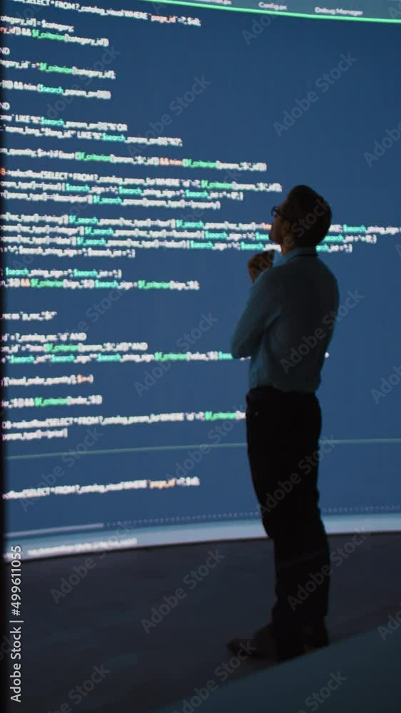 Fototapete Vertical Screen. Innovative Startup: Portrait of Thoughtful Software Engineer Finding Solution, Planning Strategy, Doing Big Data Analysis. Screen Background. Programmer Developing e-Commerce App.