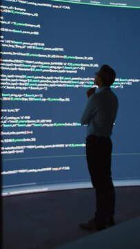 Vertical Screen. Innovative Startup: Portrait of Thoughtful Software Engineer Finding Solution, Planning Strategy, Doing Big Data Analysis. Screen Background. Programmer Developing e-Commerce App.