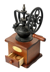 Retro style manual coffee grinder, wooden box and metal mechanism