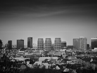 Three towers by Zaha Hadid in black and white, Bratislava cityscape, Slovakia